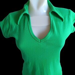 Vintage Women's Medium Mom Polo Top 1980's Garland Green Collared V-Neck Buttery